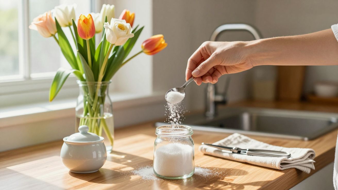 Mão de pessoa a colocar açúcar num frasco, com jarra de tulipas e utensílios numa cozinha iluminada pelo sol.