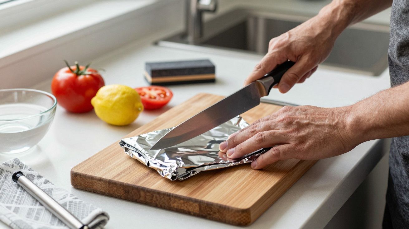 Pessoa corta folha de alumínio em tábua de madeira, com limão e tomate ao fundo.