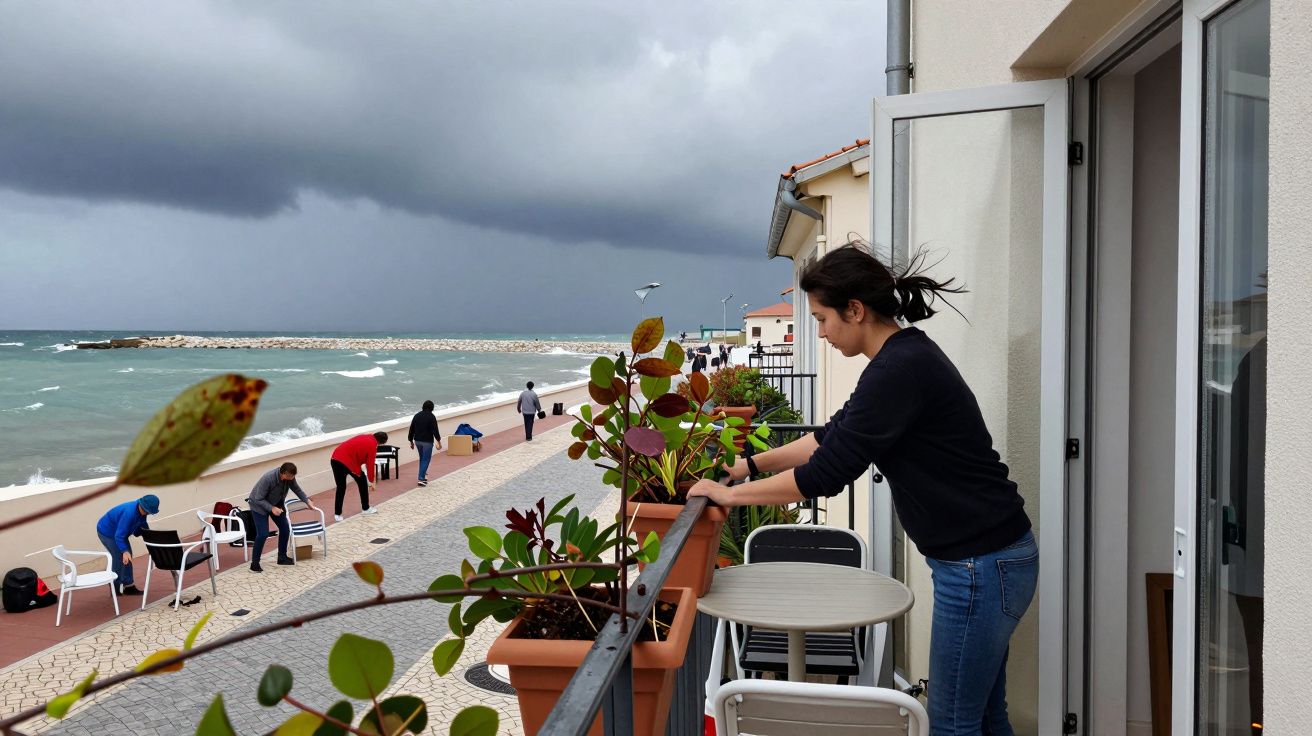 Mulher em varanda contempla pessoas ao longo do passeio à beira-mar com céu nublado ao fundo.