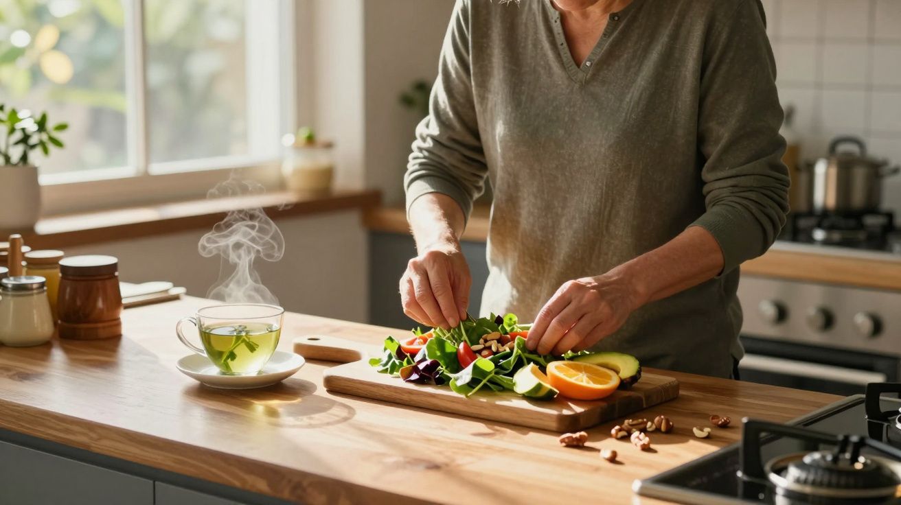 Pessoa a preparar uma salada colorida na cozinha, com chá a fumegar ao lado.