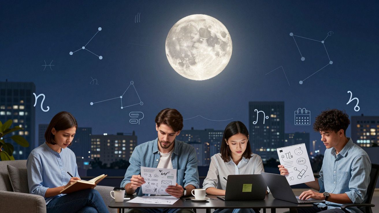 Quatro pessoas estudam astrologia ao ar livre à noite, com uma lua cheia e símbolos astrológicos ao fundo.