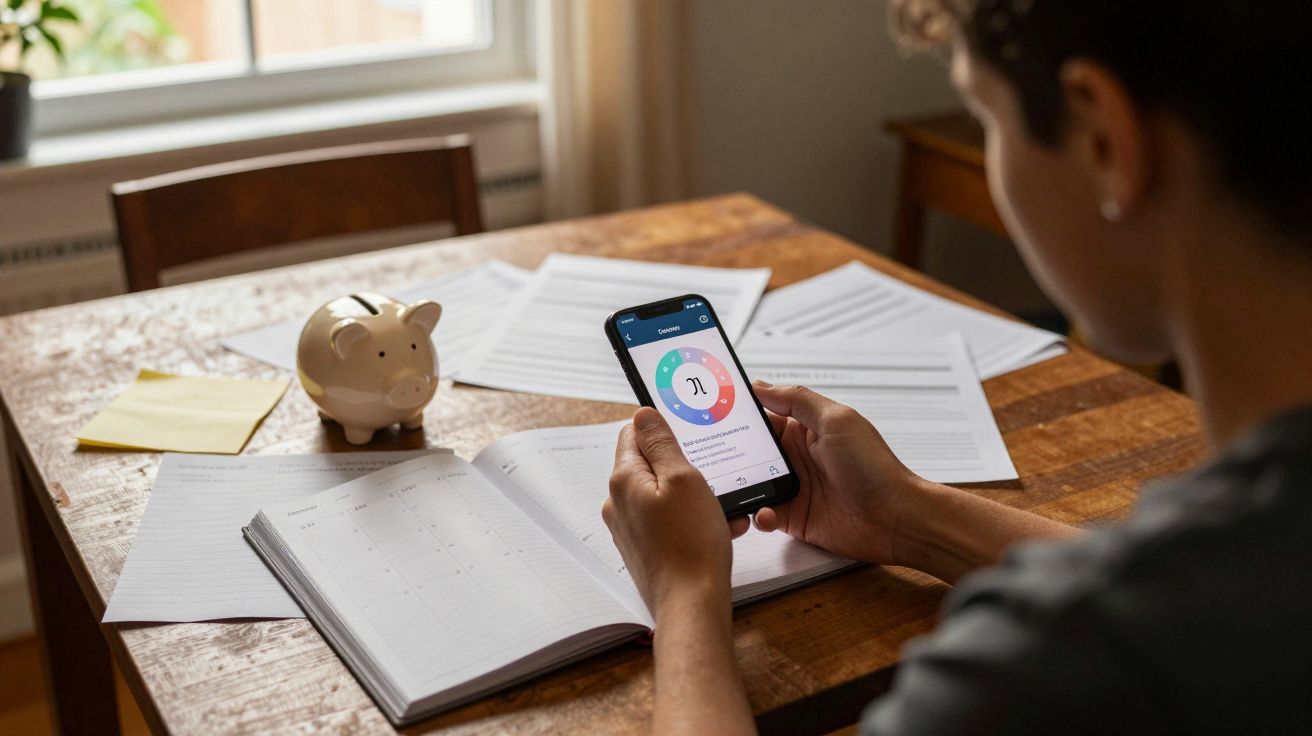 Pessoa a usar telemóvel com gráfico, ao lado de porquinho mealheiro e cadernos numa mesa de madeira.