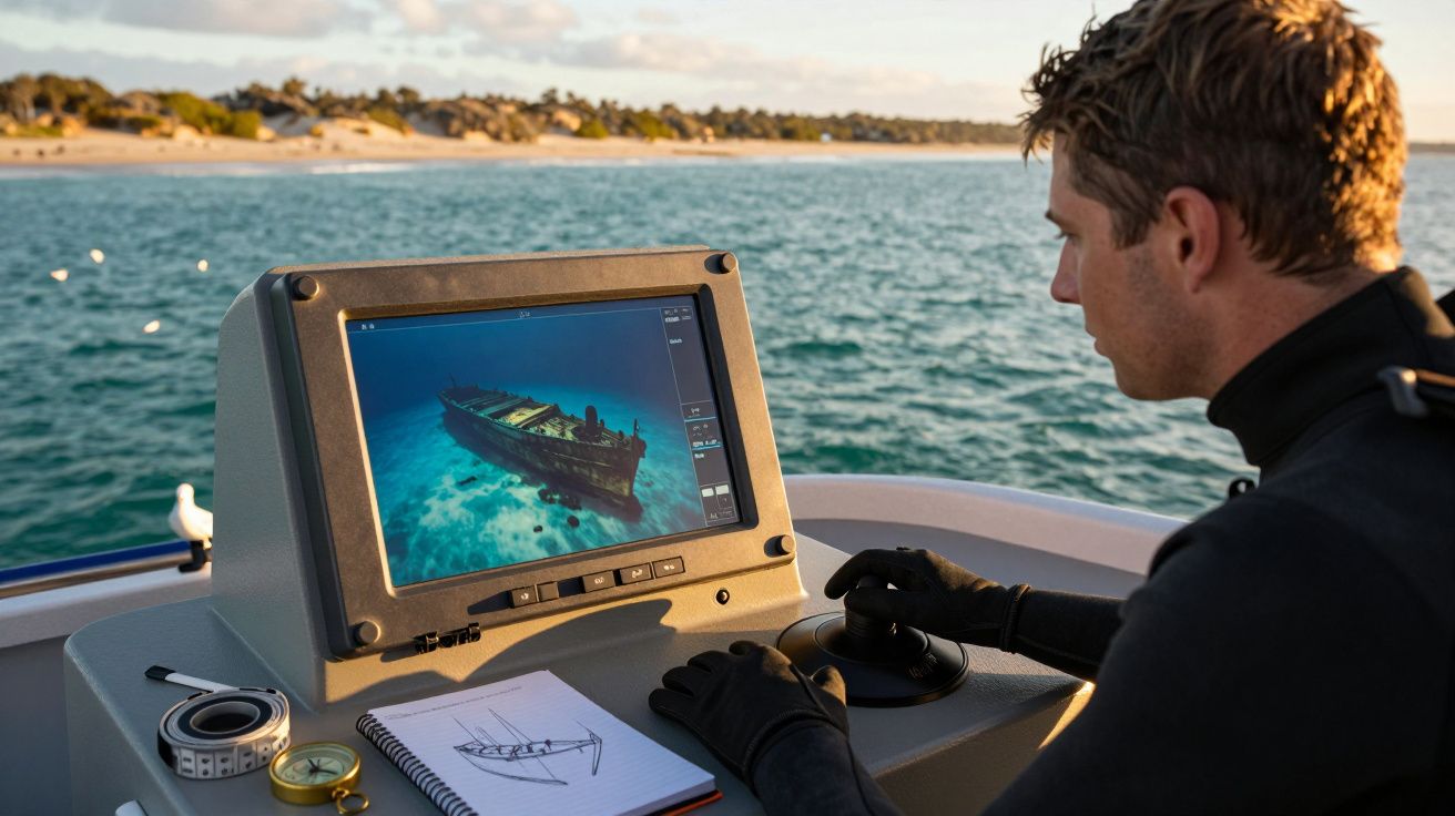 Homem a visualizar imagem de naufrágio num monitor de barco, com bloco de notas e bússola ao lado.