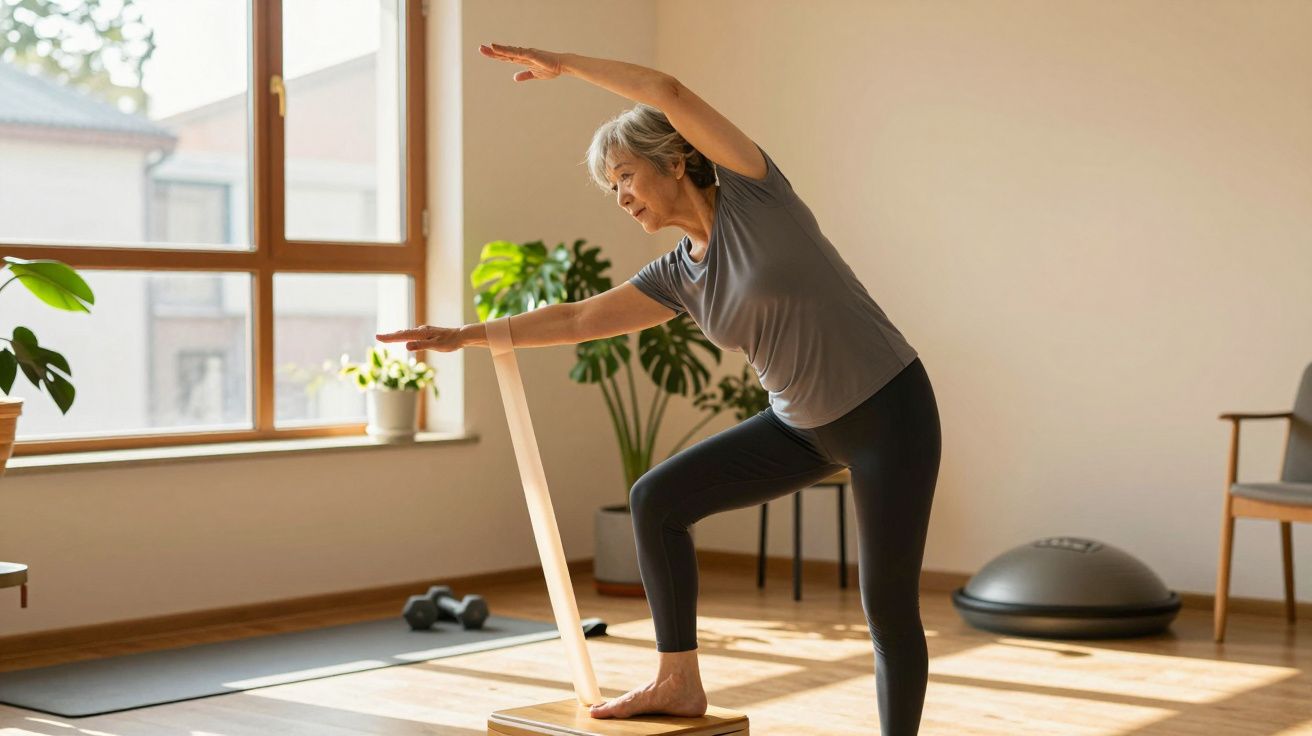 Mulher idosa praticando ioga em casa, equilibrando-se numa tábua, com luz natural entrando pela janela.