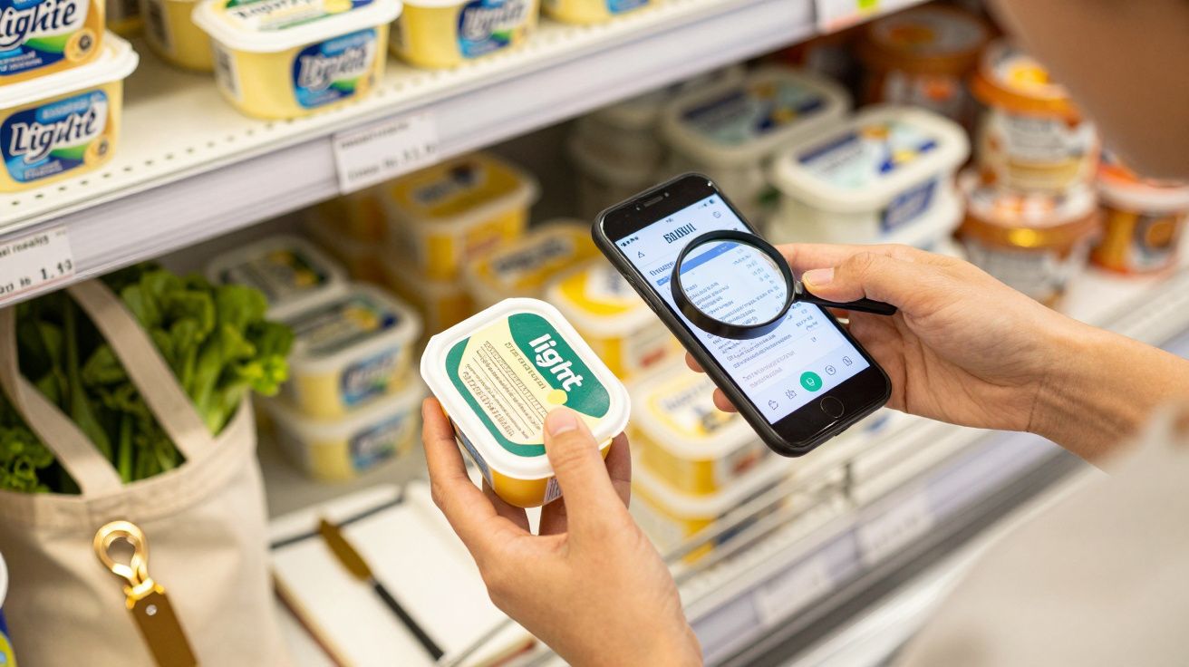 Pessoa verifica informação de produto alimentar no smartphone com lupa enquanto segura embalagem no supermercado.