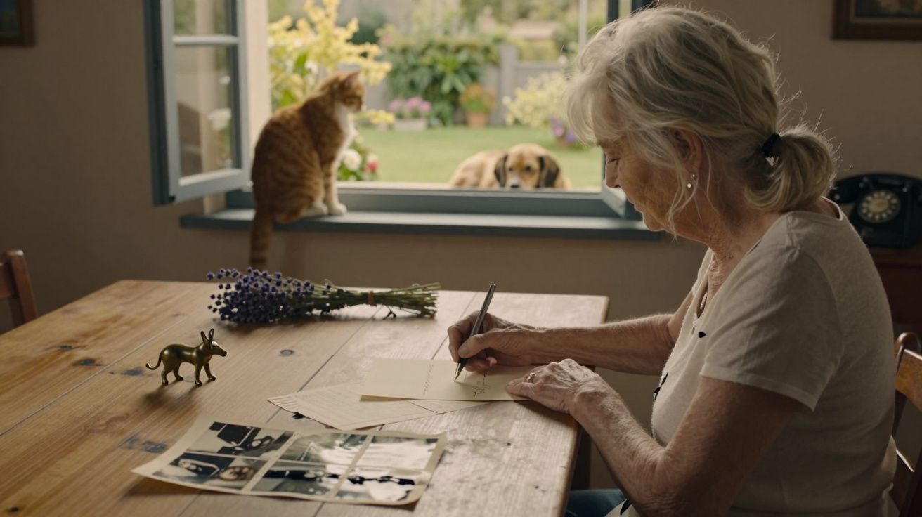 Idosa escreve à mesa, com gato e flores, enquanto cão observa pela janela aberta para o jardim.