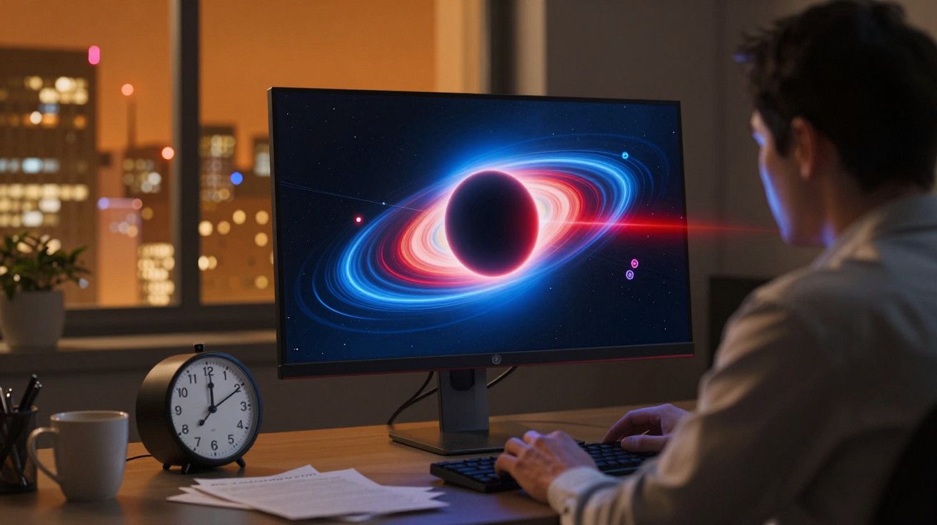 Pessoa a trabalhar num computador com imagem de buraco negro no ecrã, relógio a marcar 21:10 na mesa.