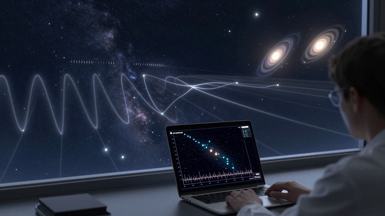 Pessoa num escritório, a olhar para um ecrã de computador com gráficos enquanto observa o espaço e galáxias pela janela.