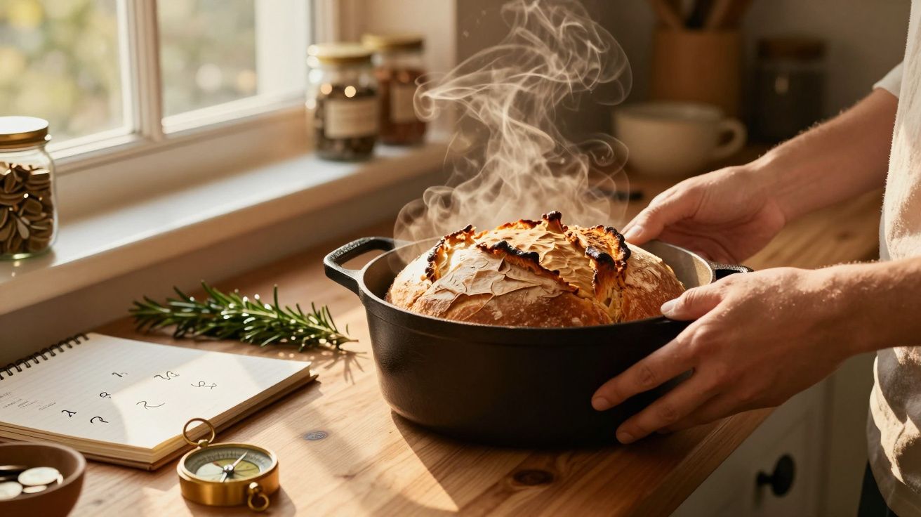 Pessoa segurando pão quente numa panela preta sobre uma mesa de madeira, com vapor visível.