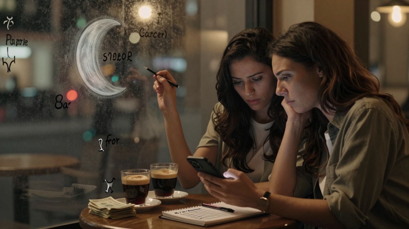 Duas mulheres, concentradas num café à noite, escrevem numa janela de vidro com dois cafés e um bloco de notas na mesa.