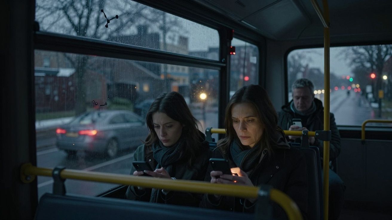 Passageiros num autocarro à noite, todos focados nos seus telemóveis, com luz fraca dentro e chuva fora.