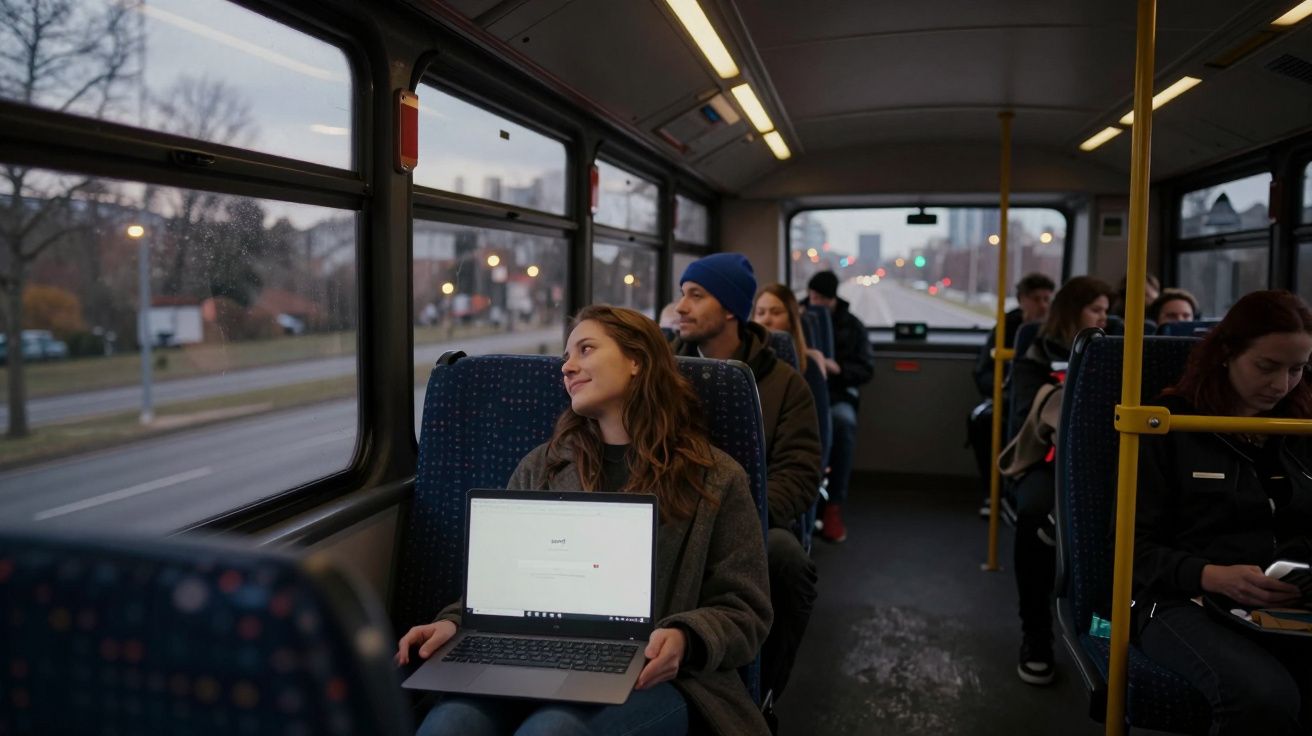 Mulher com portátil ao colo, sorrindo, olha pela janela de um autocarro em movimento, rodeada por outros passageiros.