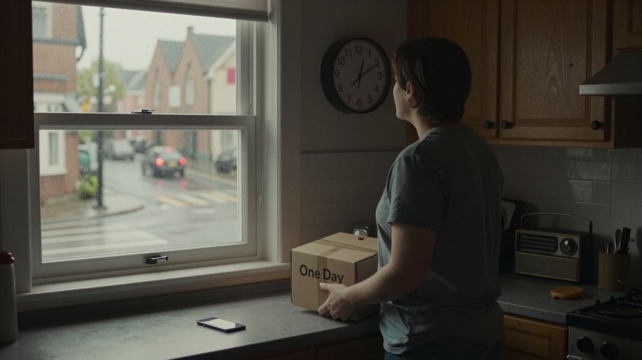 Pessoa em cozinha segura caixa ao lado de janela enquanto observa rua chuvosa. Relógio na parede marca 15:37.
