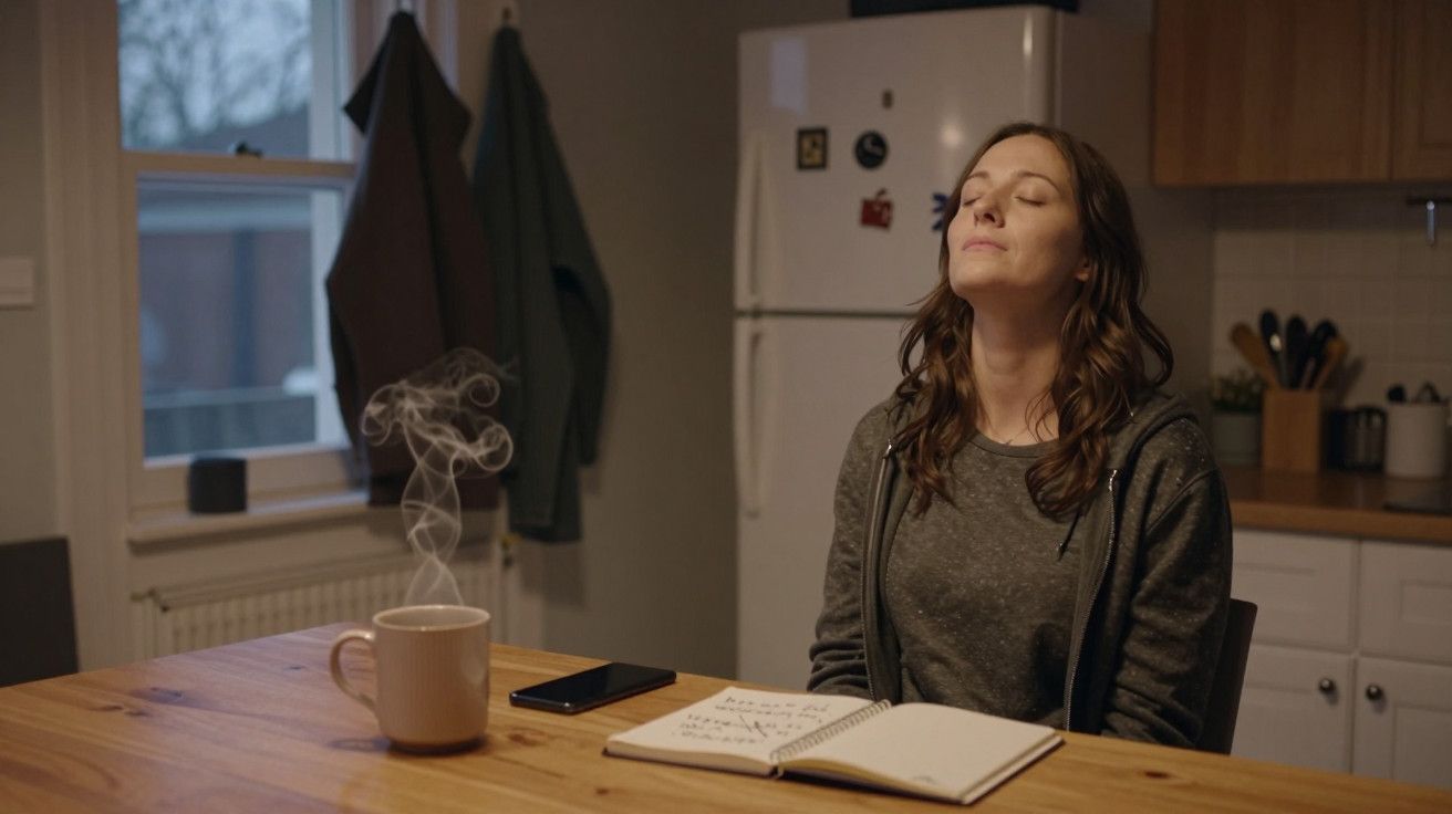 Mulher relaxa à mesa, com chá fumegante e caderno aberto na cozinha iluminada por janela.