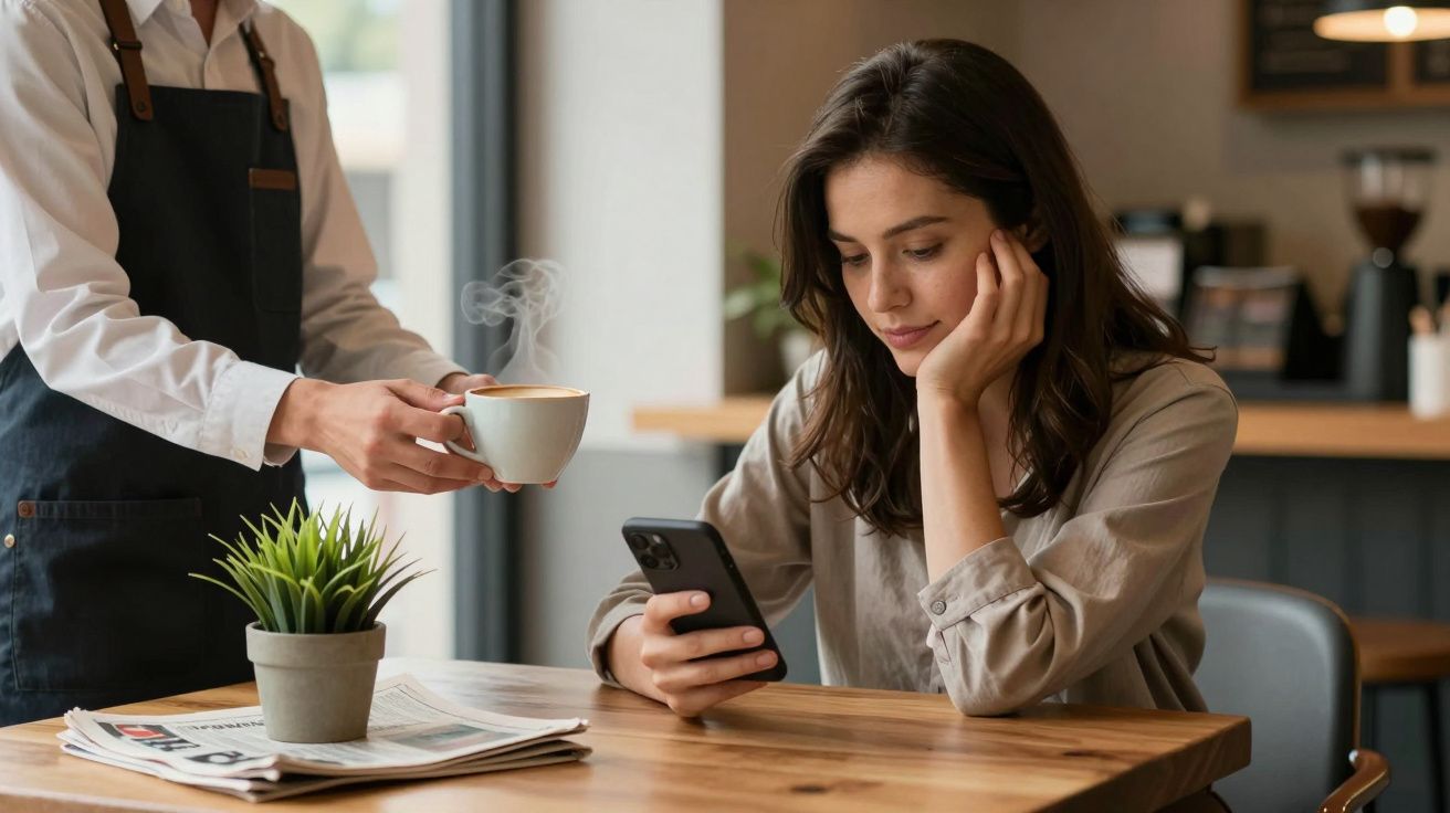 Mulher sentada à mesa olha para o telemóvel enquanto um empregado serve café; jornal e planta em cima da mesa.