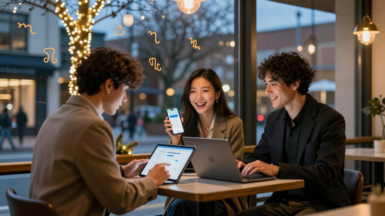 Três pessoas numa mesa de café partilhando ecrãs de dispositivos digitais, rodeadas por decorações de luzes.