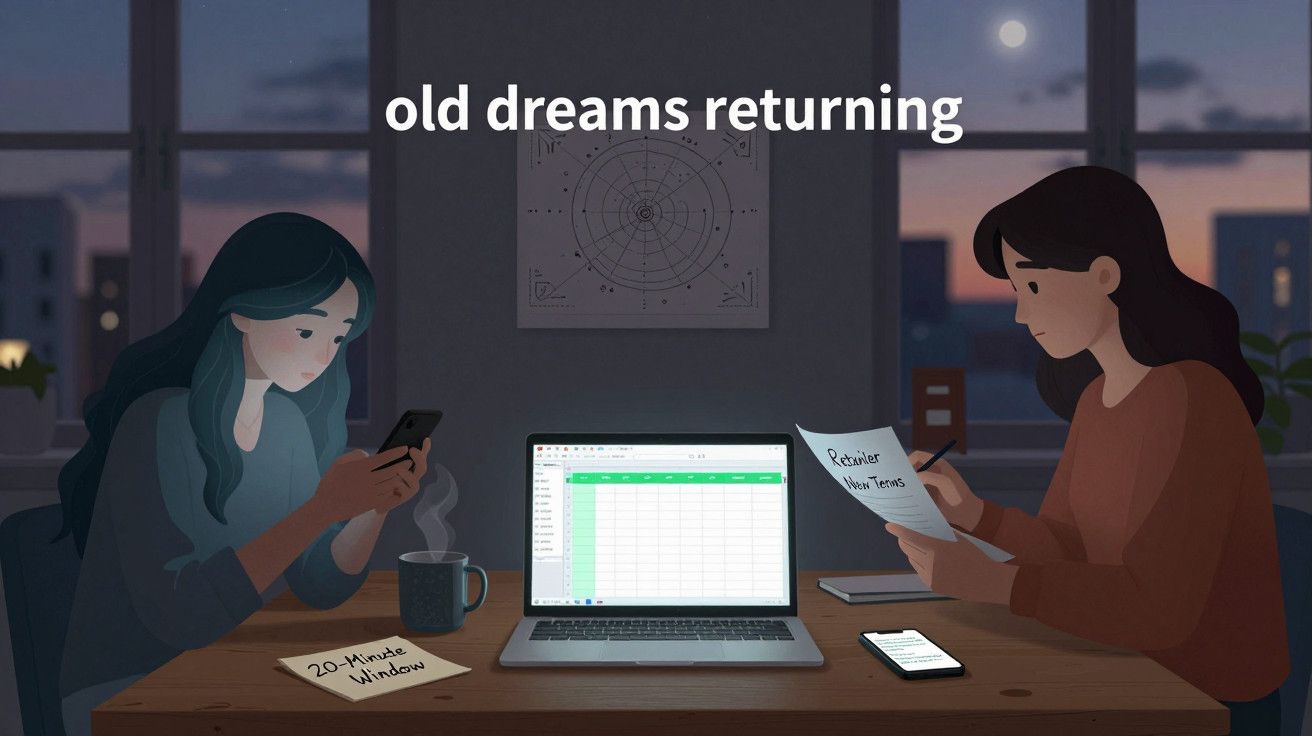 Duas mulheres numa sala, uma com telefone, outra com papeis. Há um portátil e chávenas na mesa, fundo de cidade ao anoitecer.