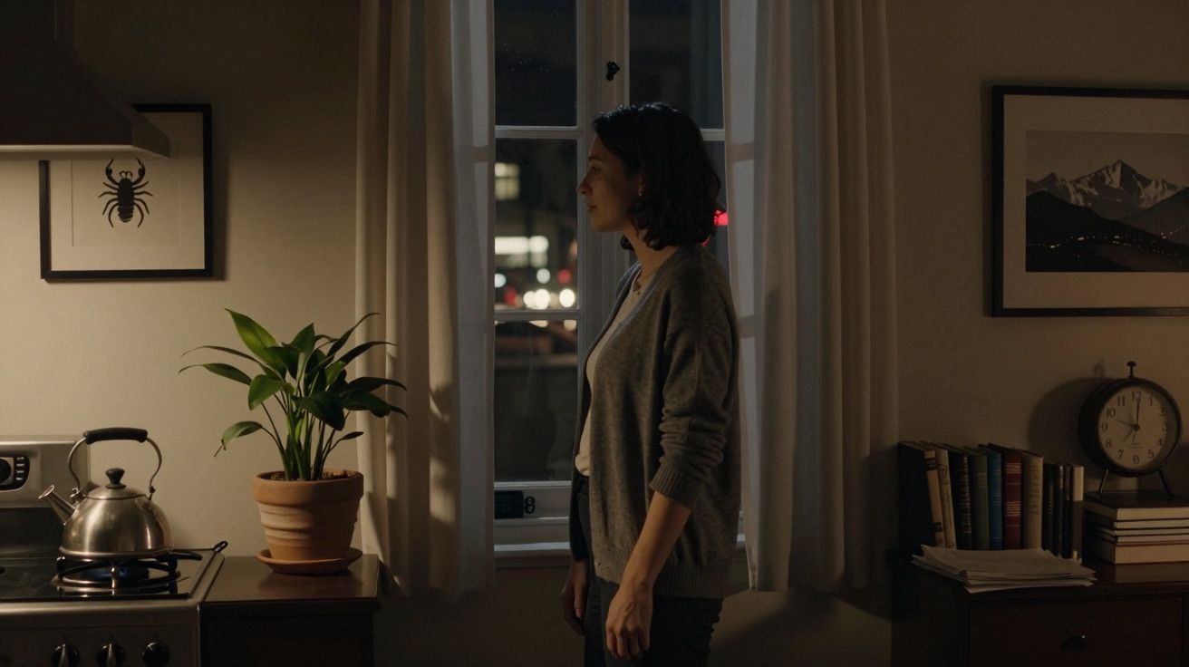 Mulher de pé junto a uma janela à noite, com planta, chaleira e quadros ao fundo numa cozinha acolhedora.
