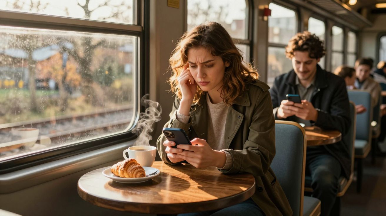Mulher no comboio, preocupada a olhar para o telemóvel, com café e croissant na mesa. Passageiro ao fundo também entretido.