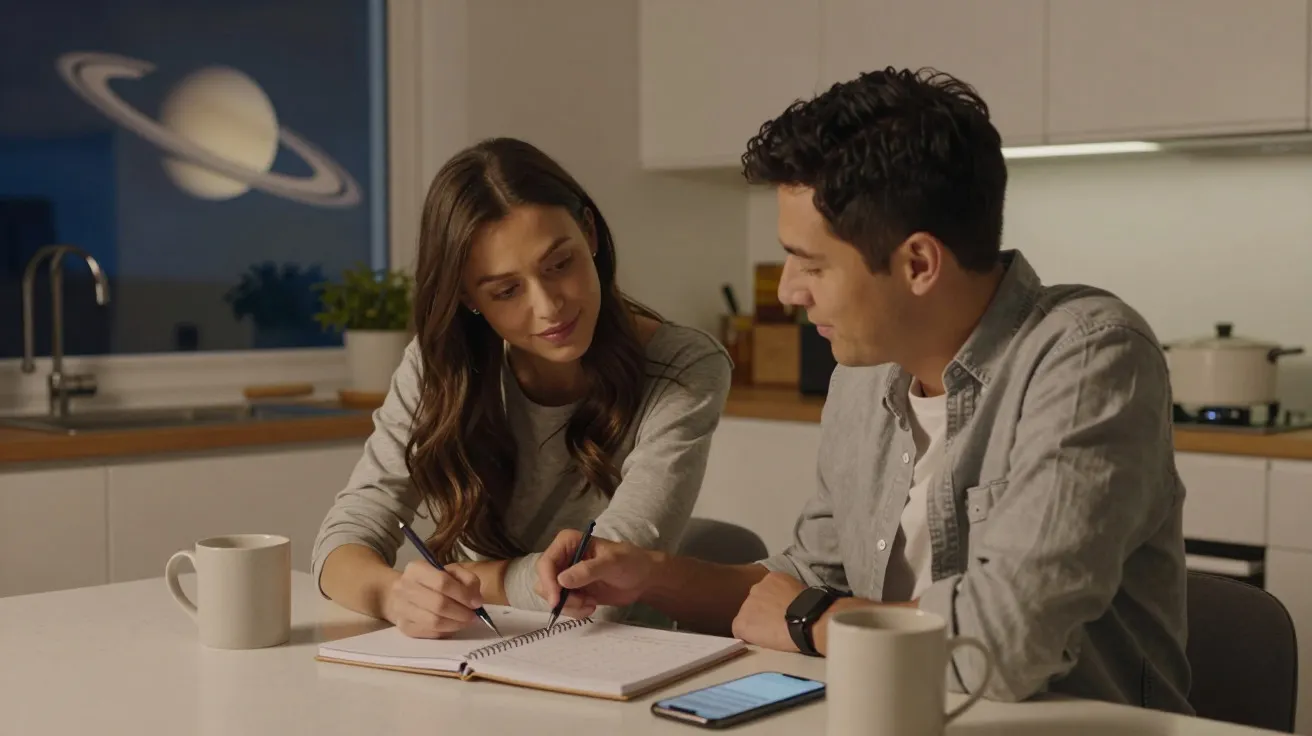 Casal a estudar na cozinha com chávenas, caderno e telemóvel. Ao fundo, imagem de Saturno na janela.
