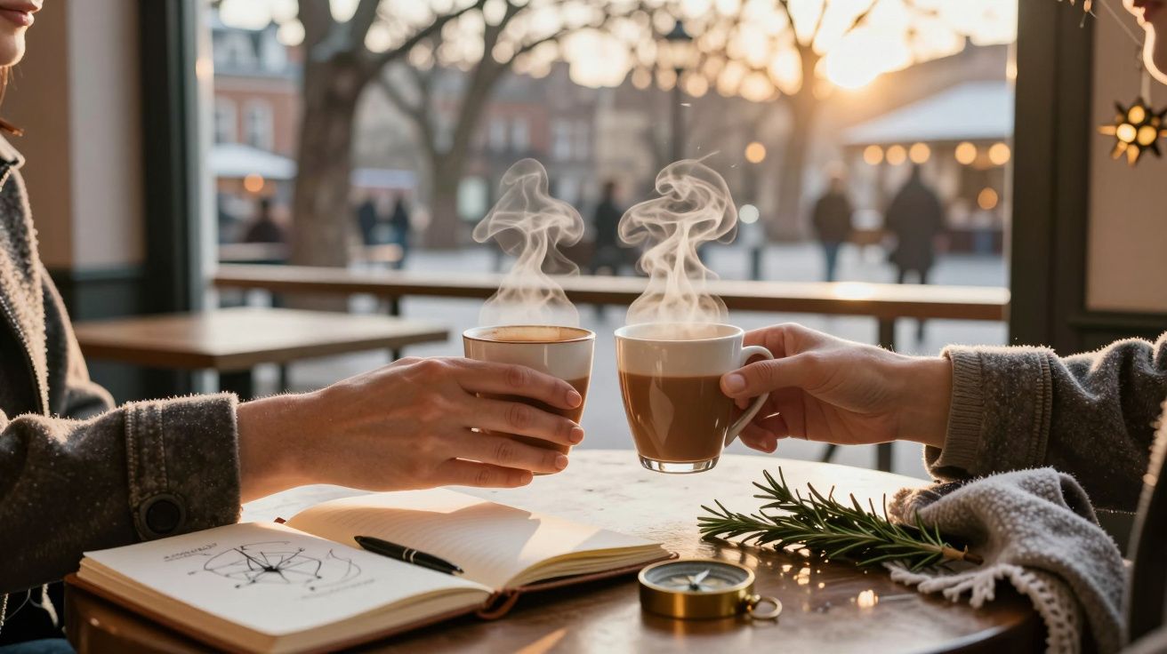 Duas pessoas brindam com bebidas quentes numa cafetaria iluminada pelo sol, com caderno, caneta e bússola na mesa.