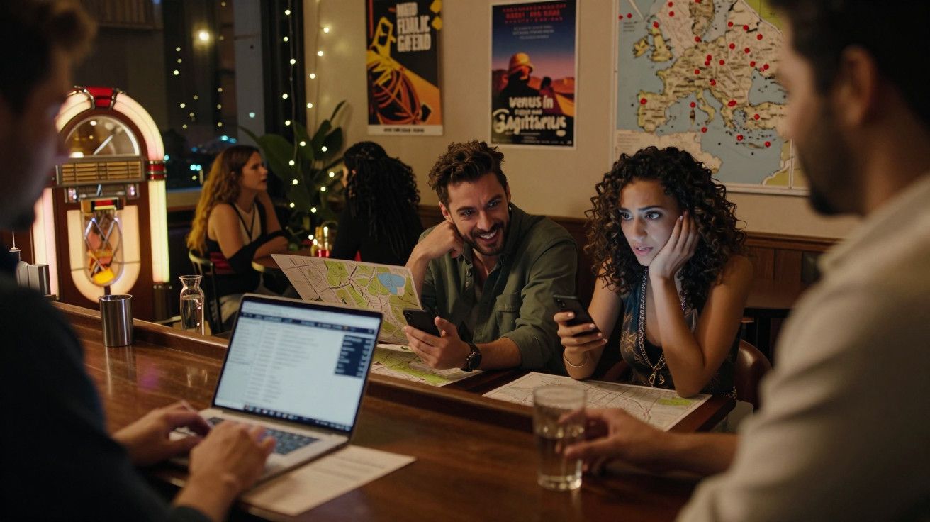 Grupo de amigos num bar, olhando mapas e telemóveis, enquanto conversam e riem. Poster de viagem na parede.