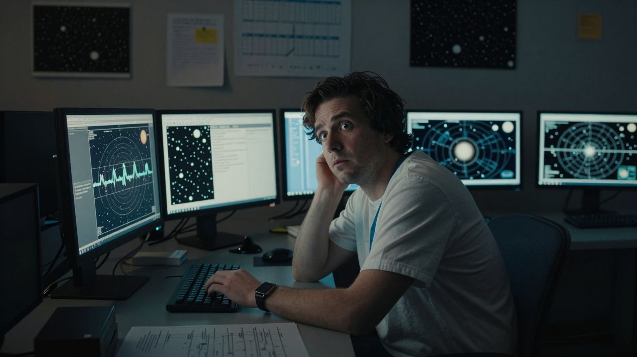 Homem sentado num escritório, cercado por ecrãs de computador mostrando gráficos e dados astronómicos.