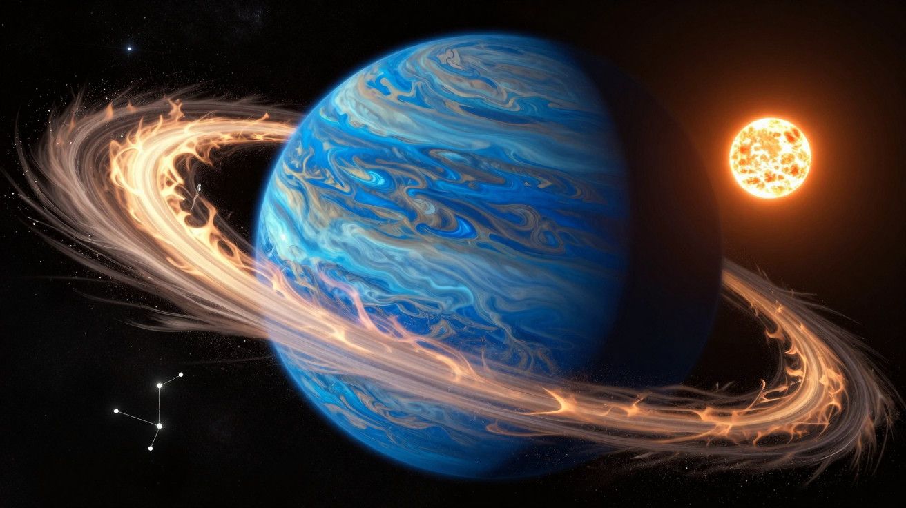 Planeta azul com anéis brilhantes e uma estrela laranja ao fundo no espaço.