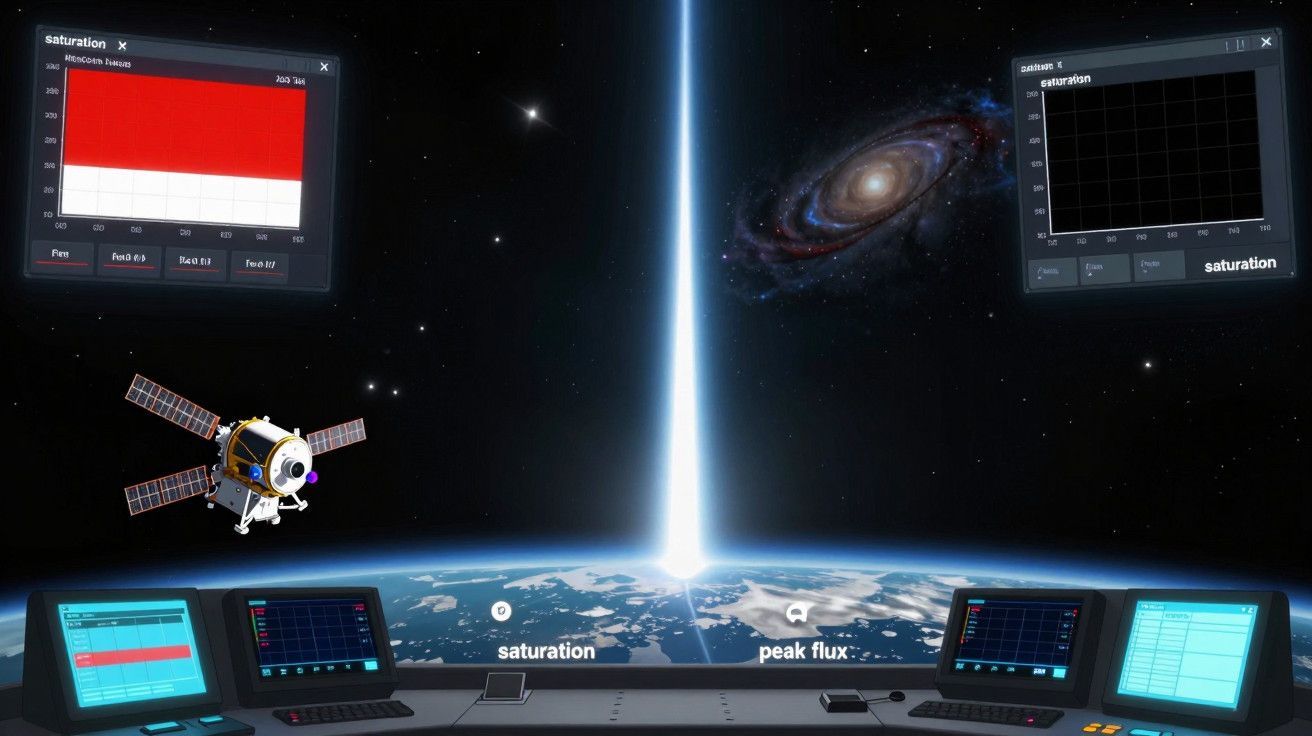 Sala de controlo espacial com telescópios, cometas, ecrãs de dados e visão da Terra e galáxia ao fundo.