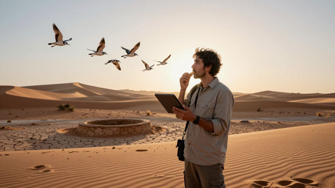 Homem no deserto observa aves a voar enquanto segura um tablet, perto de um poço rodeado de areia e dunas.