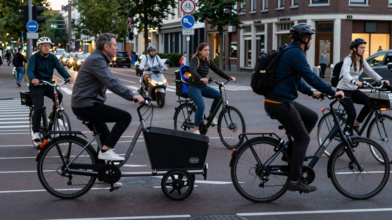 Ciclistas cruzam uma rua movimentada com ciclovia ao entardecer, rodeados por prédios e outras bicicletas.