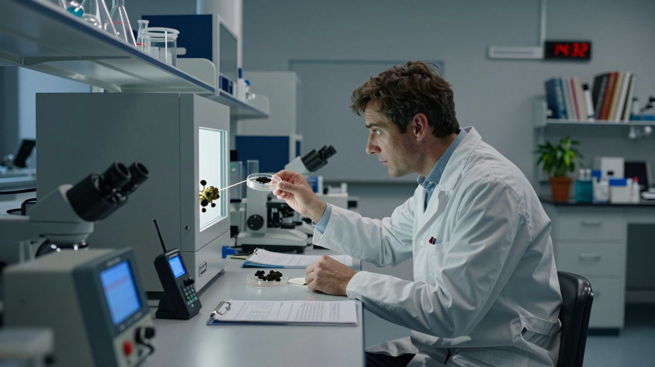 Cientista de bata branca examina amostras em laboratório com equipamentos científicos.