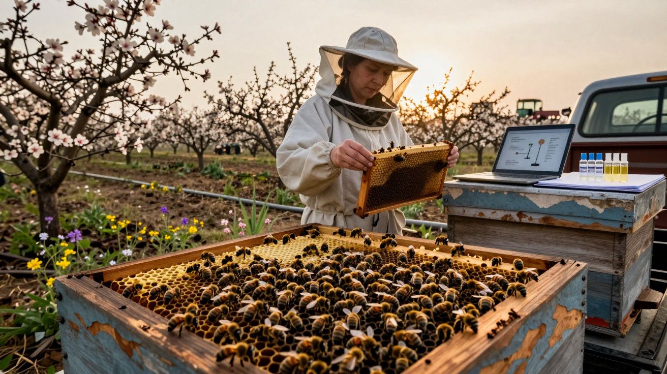Apicultora inspeciona colmeia em pomar florido, com computador portátil e tubos de ensaio ao lado.
