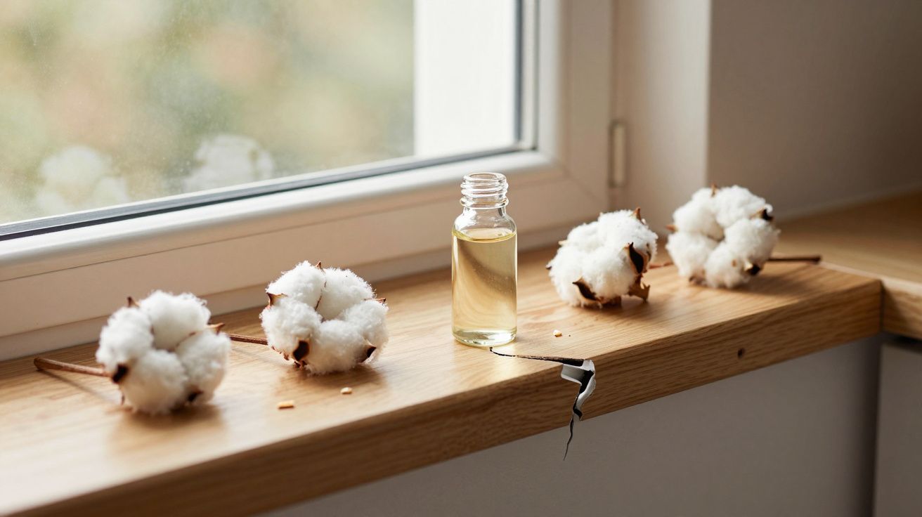 Frasco de vidro com líquido âmbar entre ramos de algodão sobre peitoril de madeira junto a uma janela.