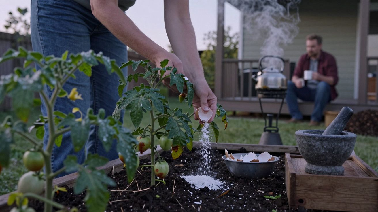 Pessoa adiciona cascas de ovo e sal a uma horta de tomates; ao fundo, alguém bebe chá sentado no alpendre.