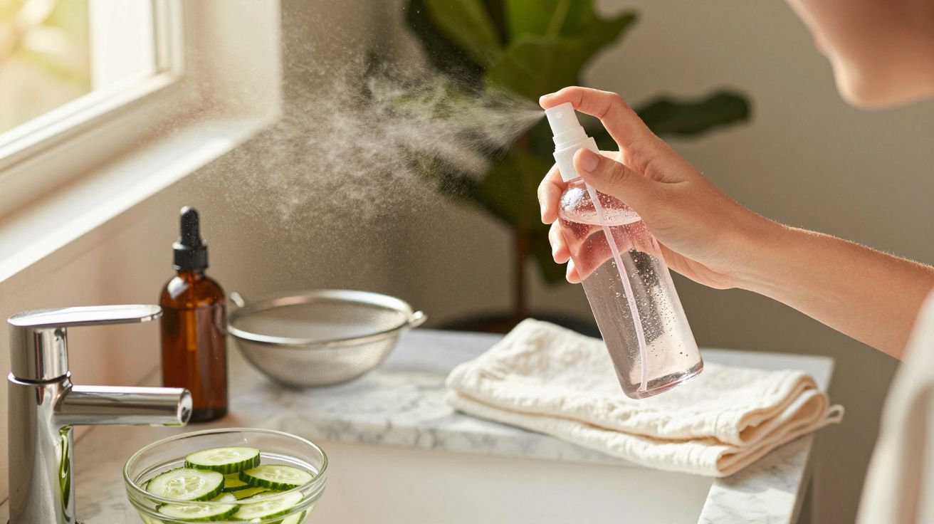 Mão segurando um frasco de spray de água junto a uma bacia com rodelas de pepino, em frente a uma janela.