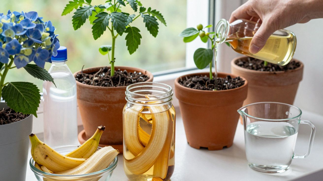 Plantas em vasos de barro sendo regadas com líquido de frasco. Bananas e jarra de vidro ao lado.