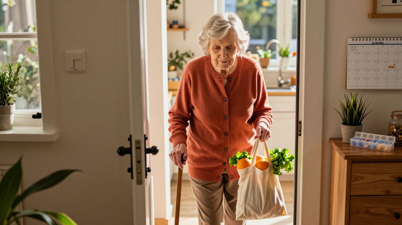 Idosa de casaco laranja entra em casa com sacola de compras e apoio de bengala.