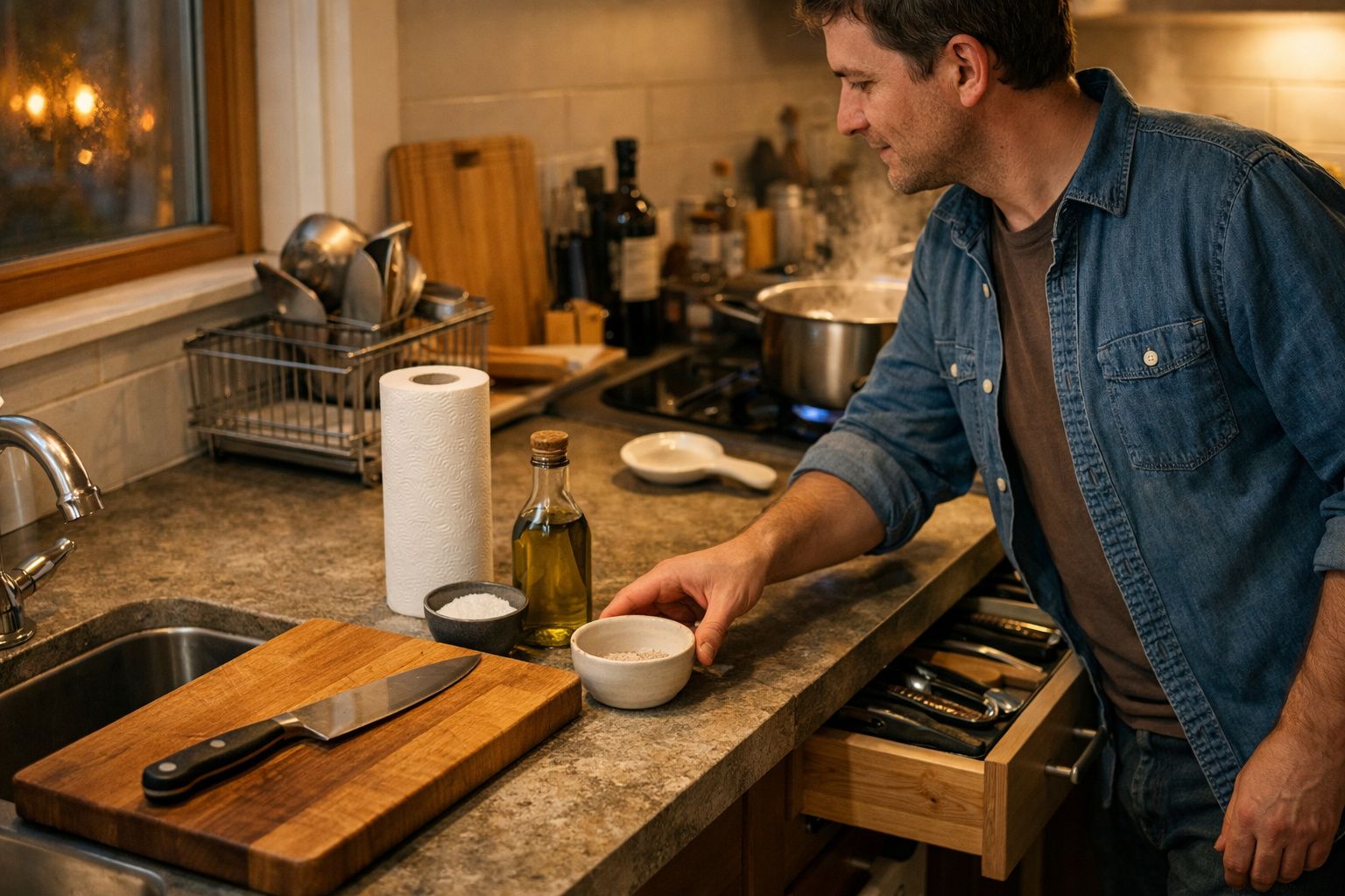 Homem prepara comida numa cozinha, ao lado de um fogão com panela a ferver.