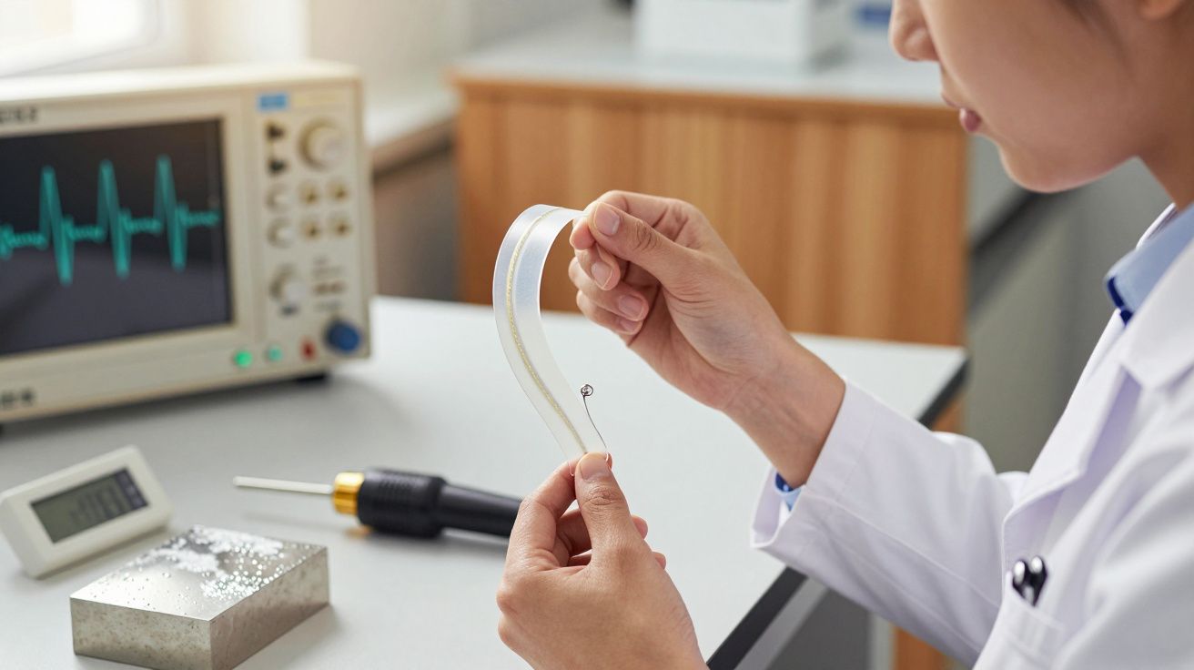 Pessoa em laboratório a examinar uma tira flexível; equipamento de medição e osciloscópio ao fundo.