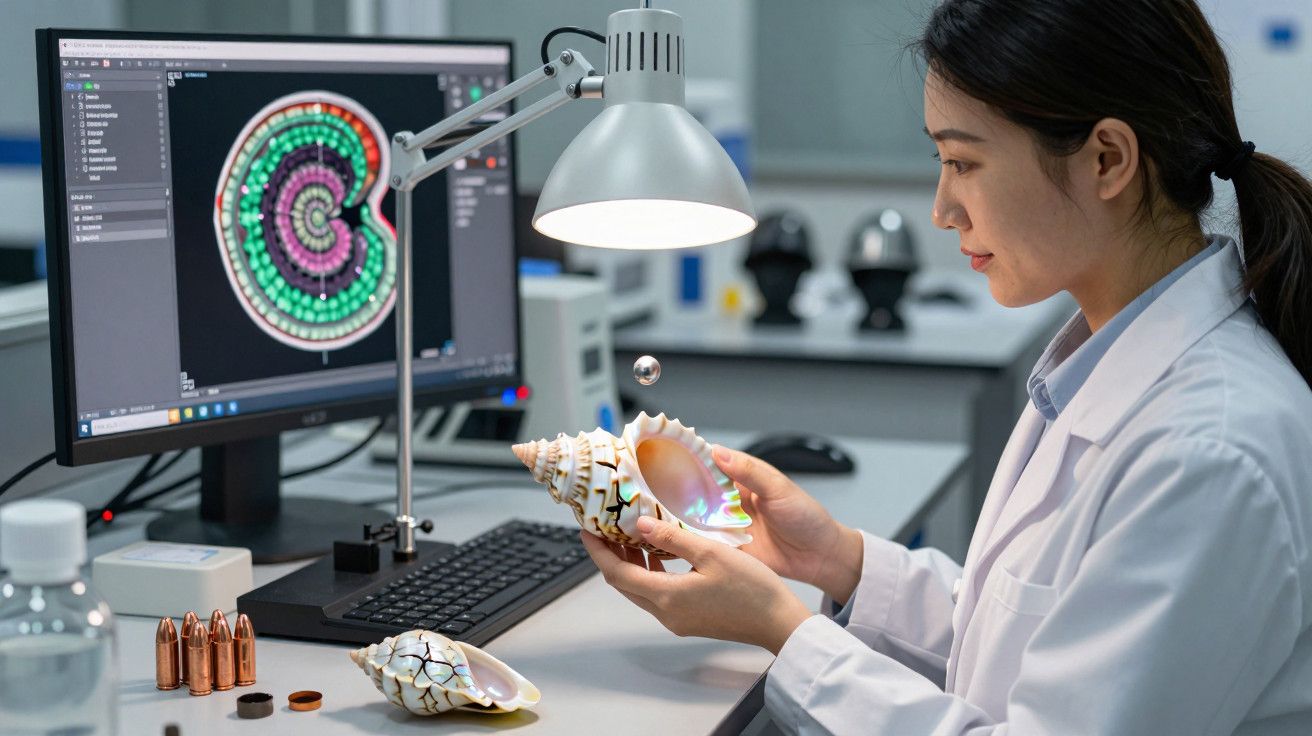 Cientista analisa concha sob luz de mesa, com imagem de análise em monitor de computador.