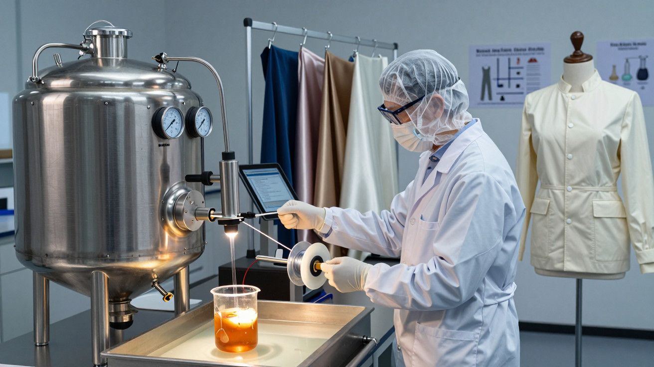 Cientista num laboratório têxtil, usando equipamento de proteção, trabalha com máquina e amostra de tecido.