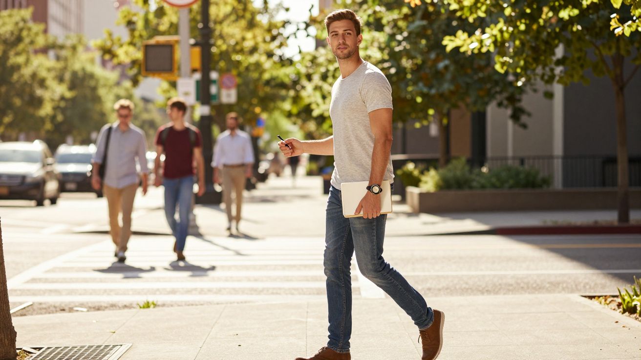 Homem a atravessar a rua numa cidade ensolarada, segurando um tablet e vestido casualmente.