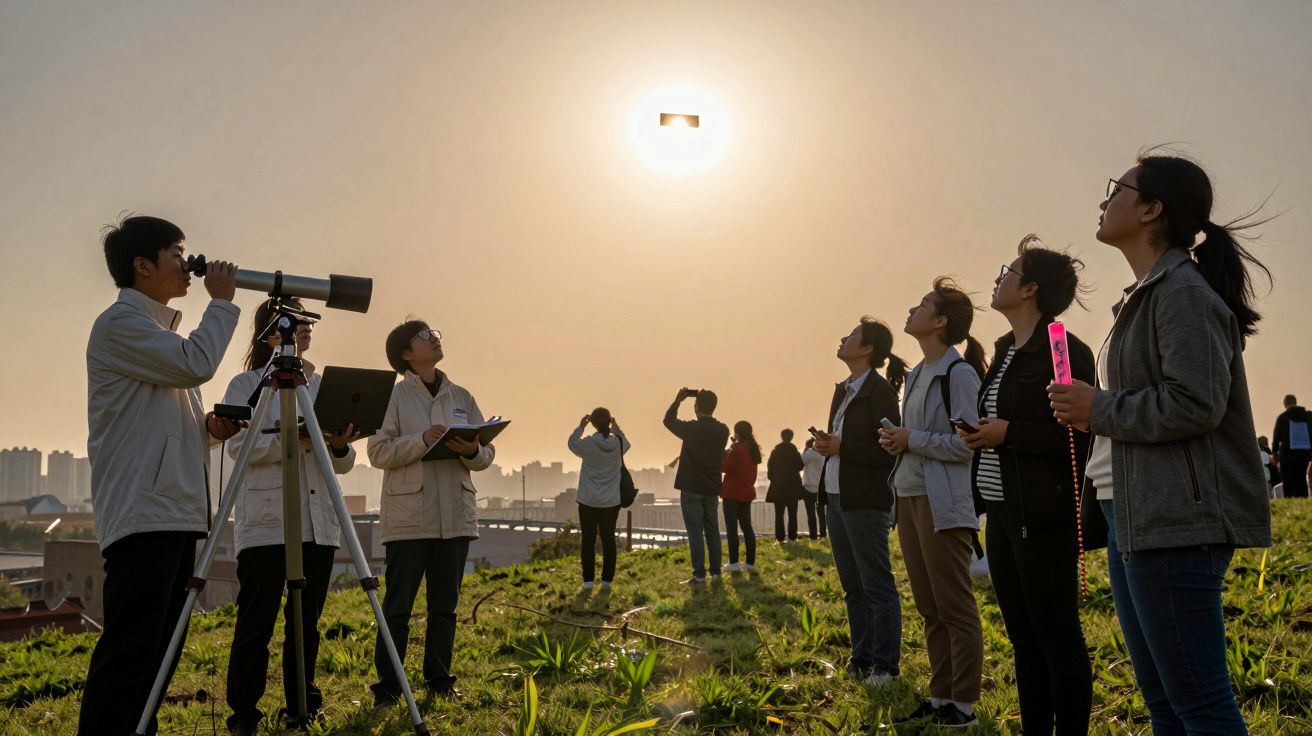 Pessoas observam um eclipse solar num campo, algumas com telescópios e óculos de proteção.