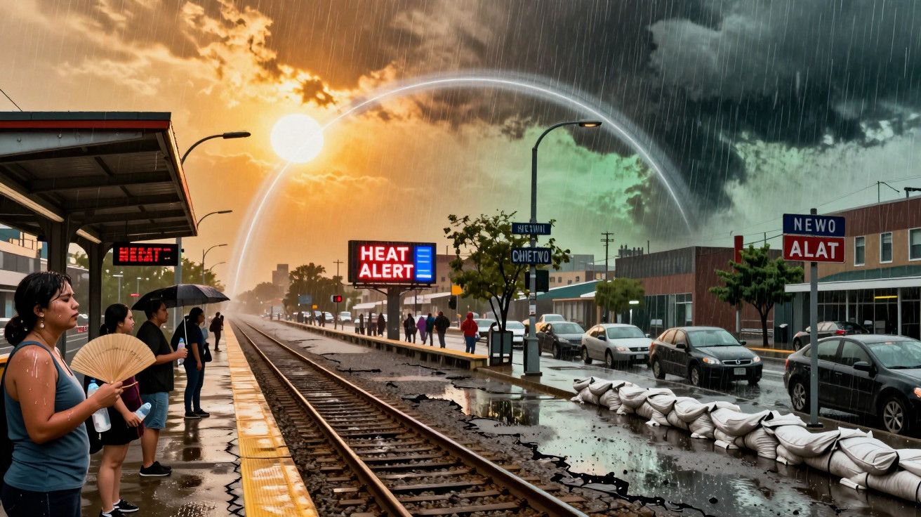 Estação de comboios sob céu dividido: sol de um lado, chuva do outro. Aviso de calor nos ecrãs. Pessoas aguardam.