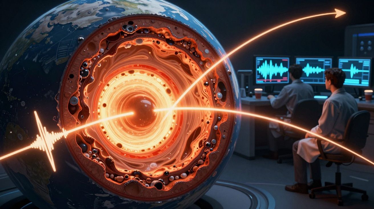 Cientistas observam simulação do interior da Terra num laboratório com monitores de sismologia e gráficos detalhados.