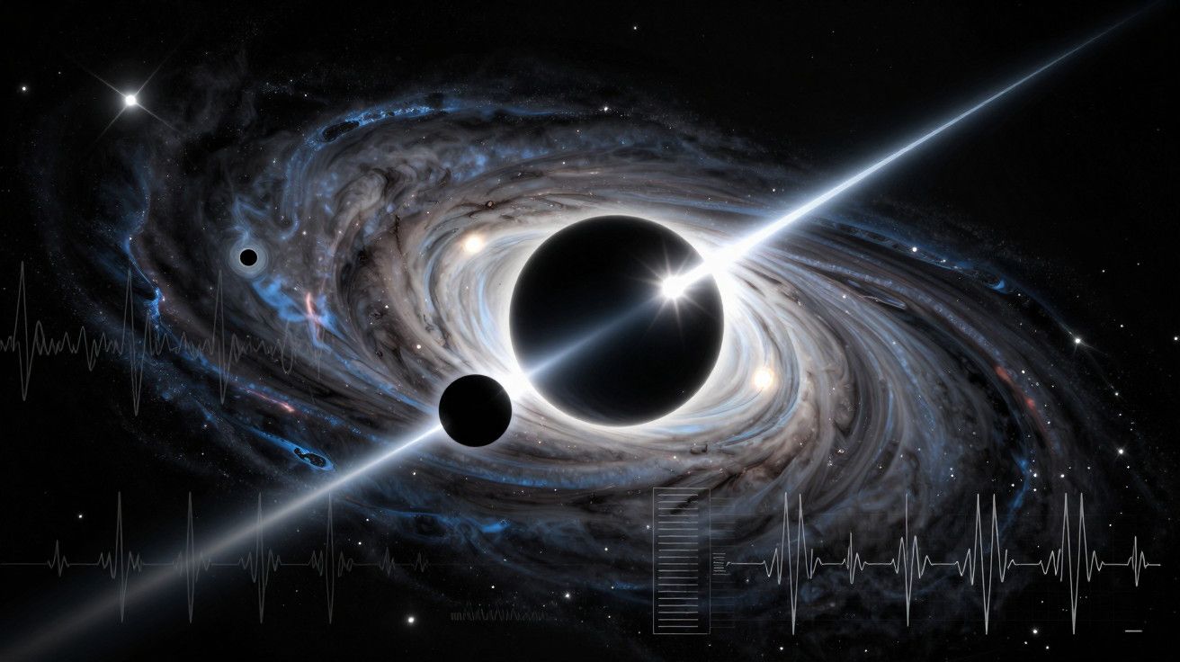 Ilustração de um buraco negro com discos de gás em espiral, planetas sombreando e gráficos de linha.