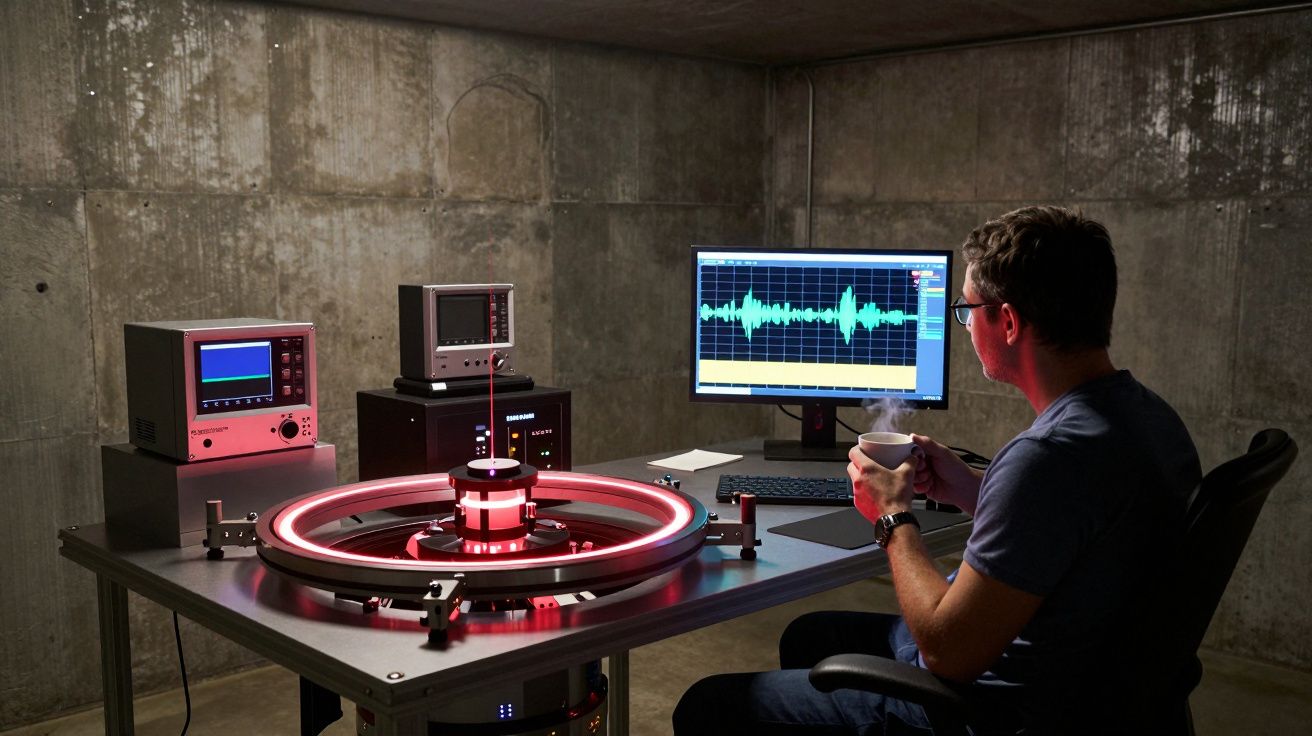 Homem sentado numa mesa com equipamentos eletrónicos, observando dados num monitor, enquanto segura uma chávena.