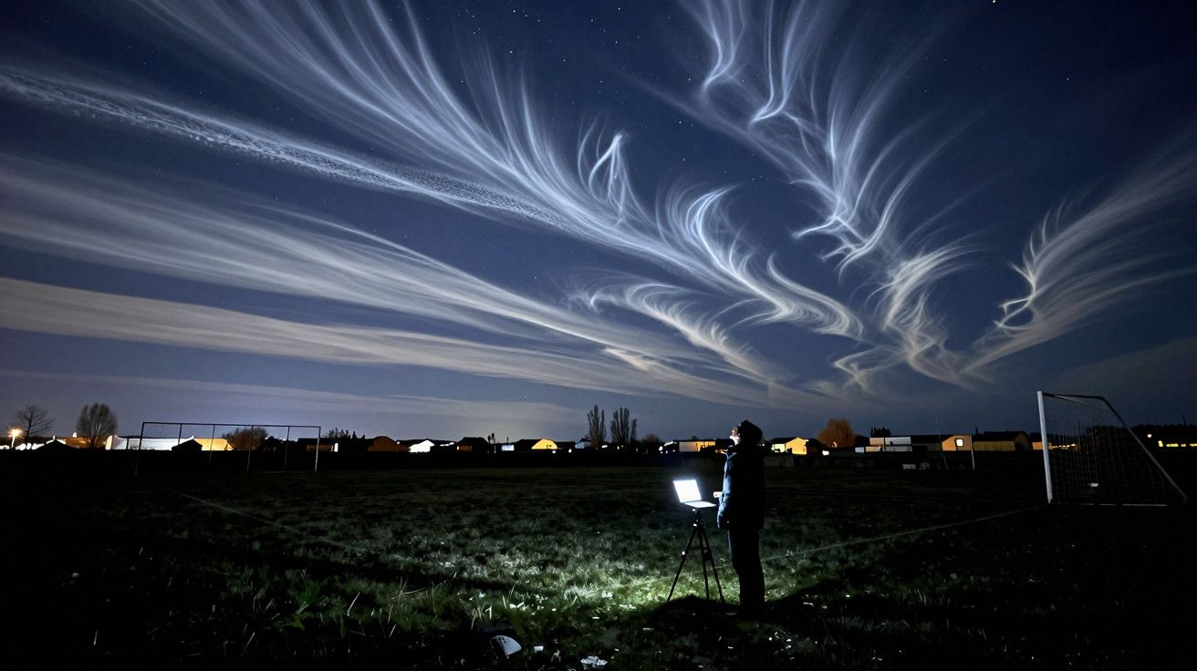 Céu nocturno com nuvens iluminadas, estrelas e uma pessoa a observar com um telescópio, num campo aberto com casas ao fundo.