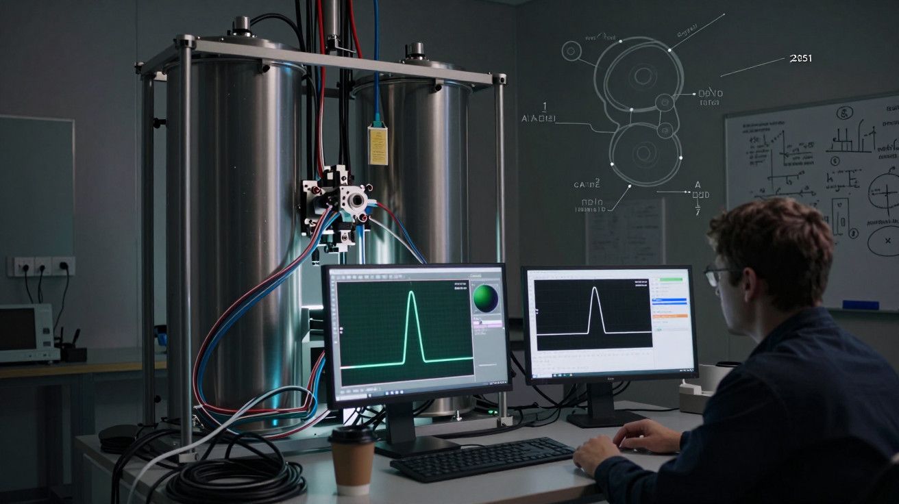 Homem analisa gráficos num computador em laboratório com tanques metálicos e fórmulas no quadro branco.